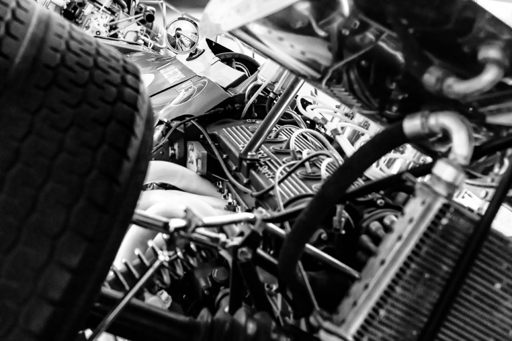 Autoportrait in the rear mirror of a Matra MS11 (1968) with its V12 engine. Matra museum, Romorantin, France.