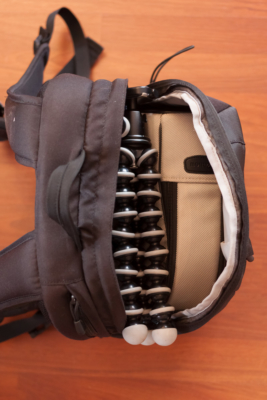 Lowepro Fastpack 250, loaded with Canon EF 70-200 II L IS USM and Joby Gorillapod SLR-Zoom in the top pocket. It's tight but it fits.