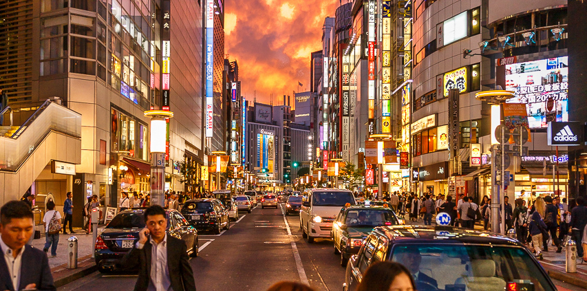 Shibuya crossing during a crazy sunset.